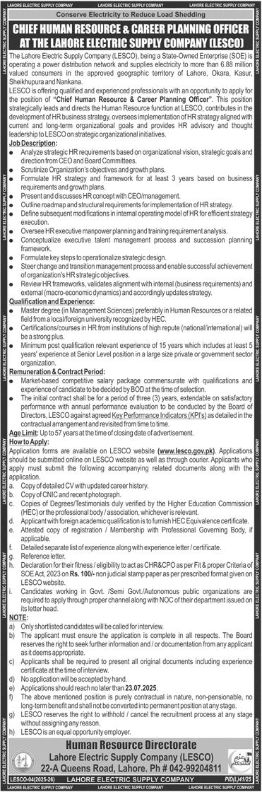 Lahore Electric Supply Company Lahore Tender Notice
